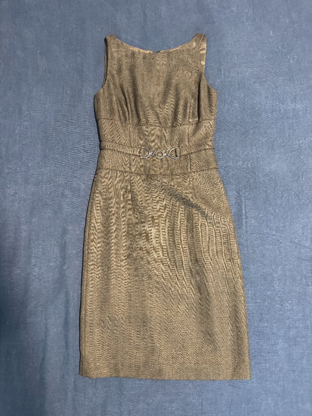 Antonio Melani Grey Herringbone Tweed Sheath Dress Horsebit Belt Size 0